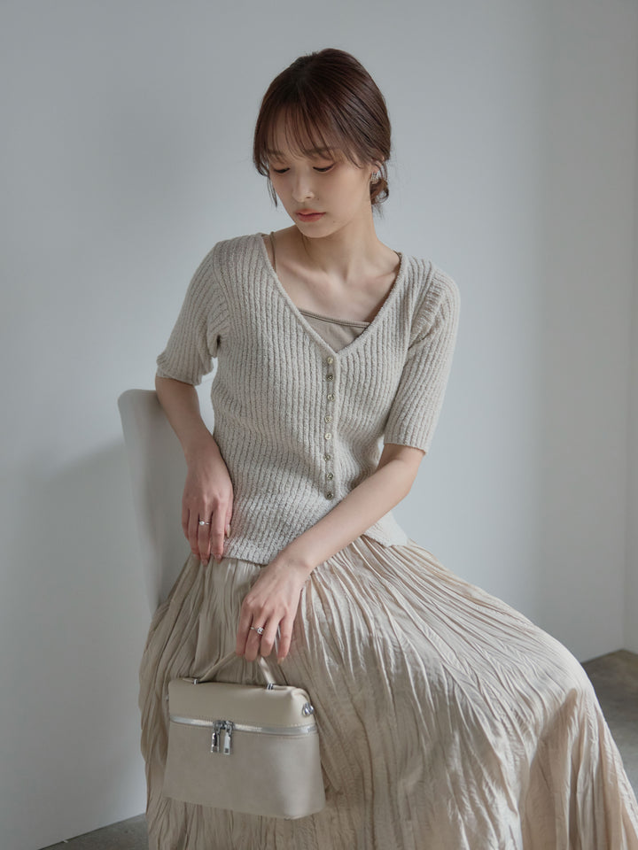 メタルボタンVネック5分袖カーディガン