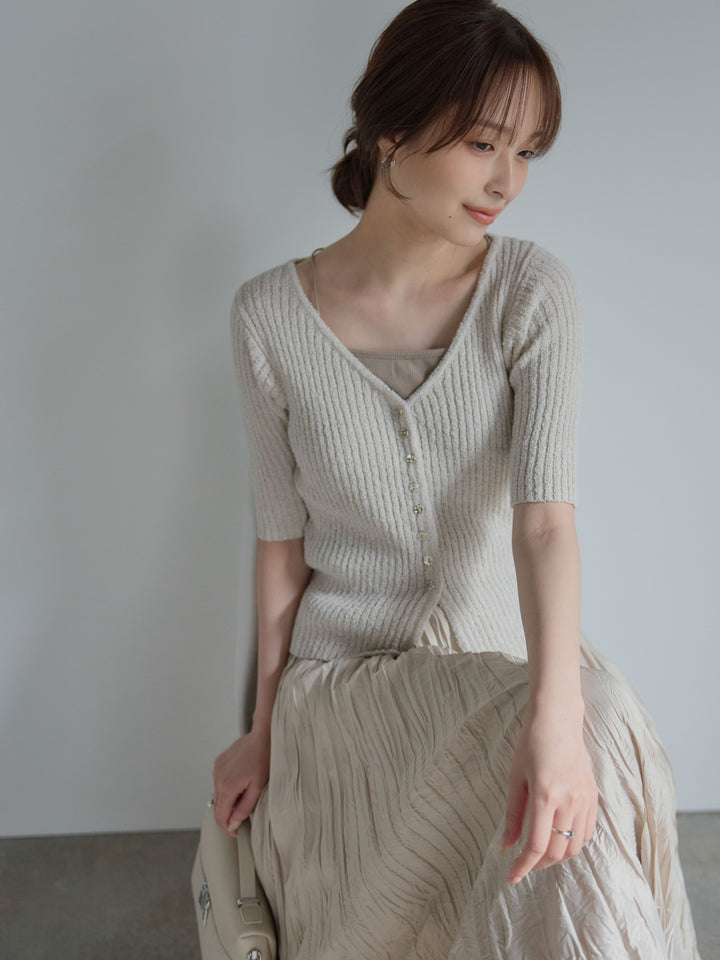 【SET】メタルボタンVネック5分袖カーディガン+グロッシーワッシャープリーツスカート(2set)