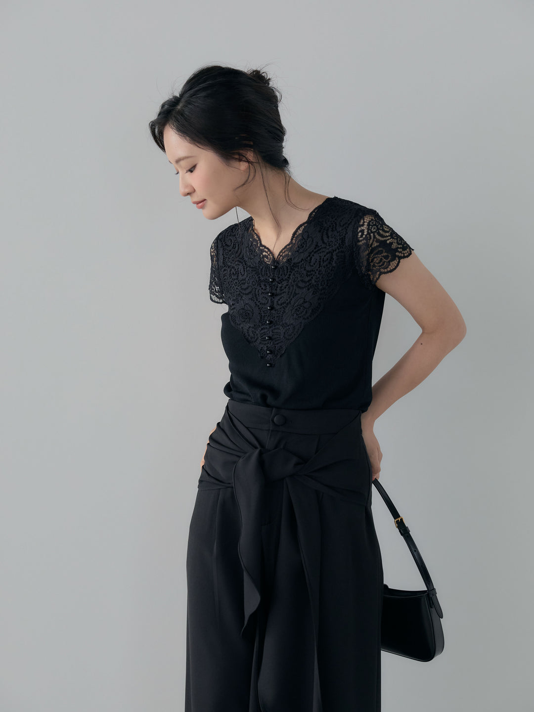 【SET】パールボタンレース切替ニットTシャツ+フロントラッフルリボンワイドパンツ(2set)