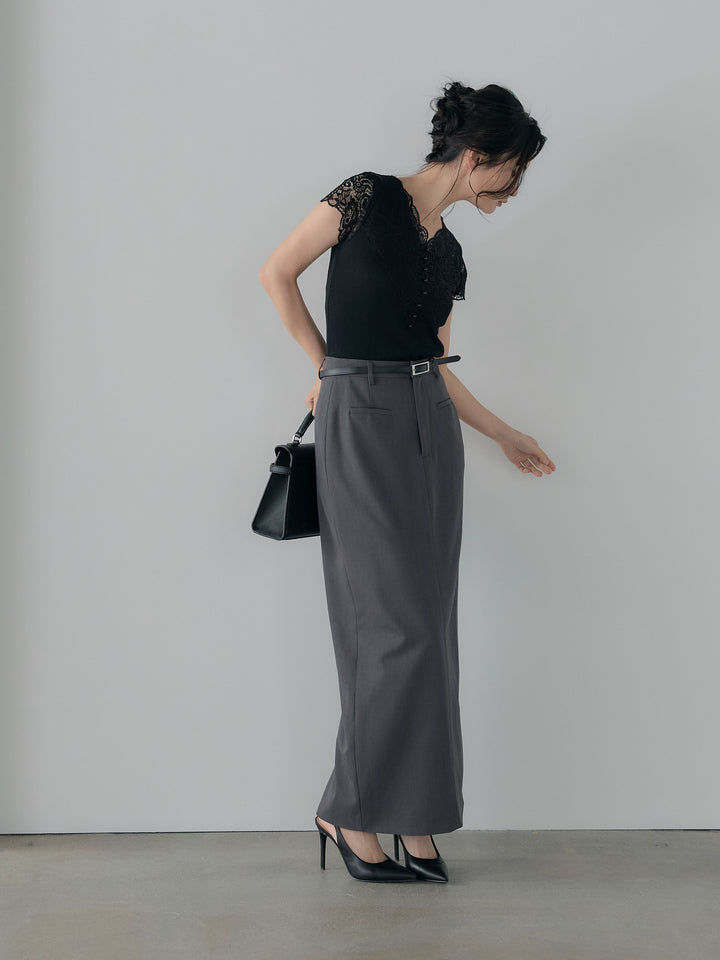 【SET】パールボタンレース切替ニットTシャツ+【Essential】Authentic pencil skrt(2set)