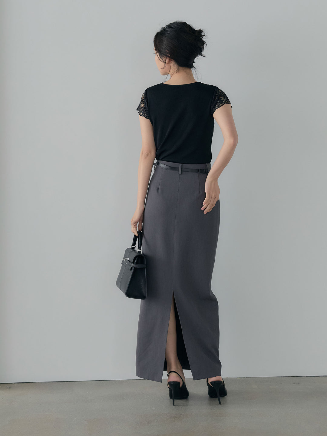 【SET】パールボタンレース切替ニットTシャツ+【Essential】Authentic pencil skrt(2set)