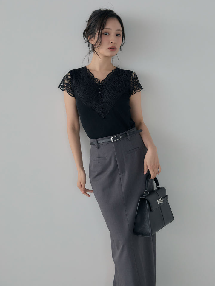 【SET】パールボタンレース切替ニットTシャツ+【Essential】Authentic pencil skrt(2set)