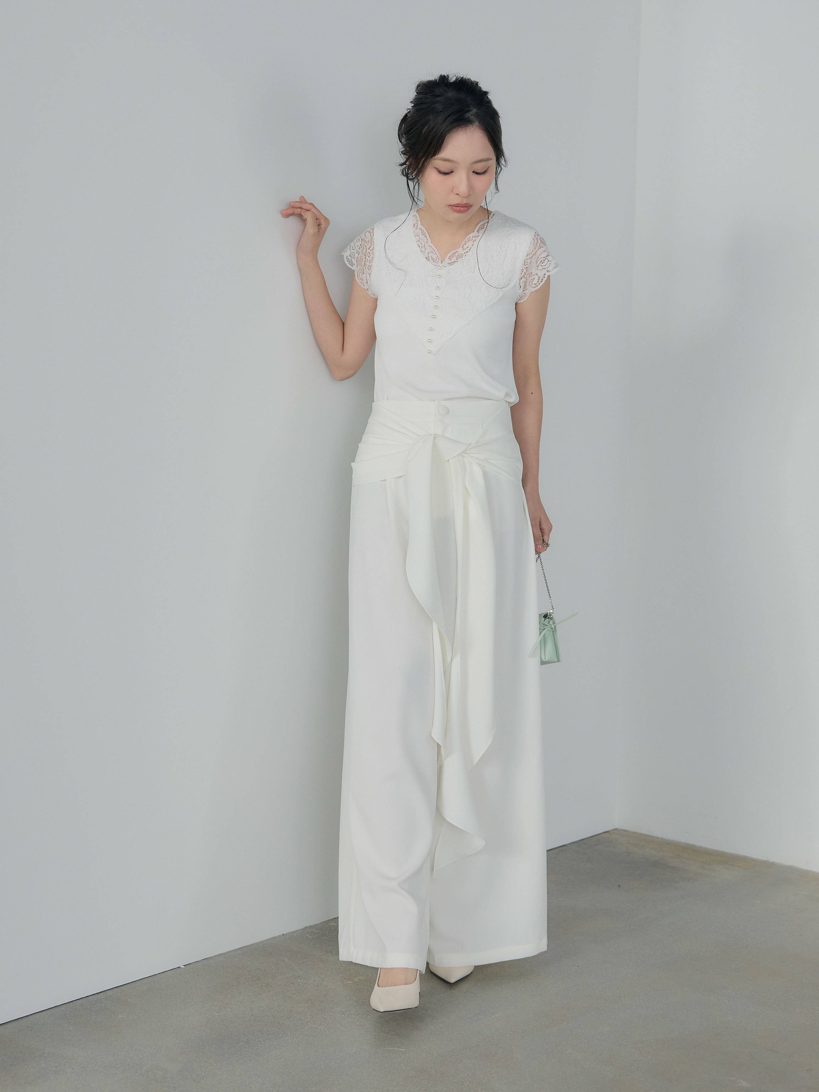 SET】パールボタンレース切替ニットTシャツ+フロントラッフルリボン