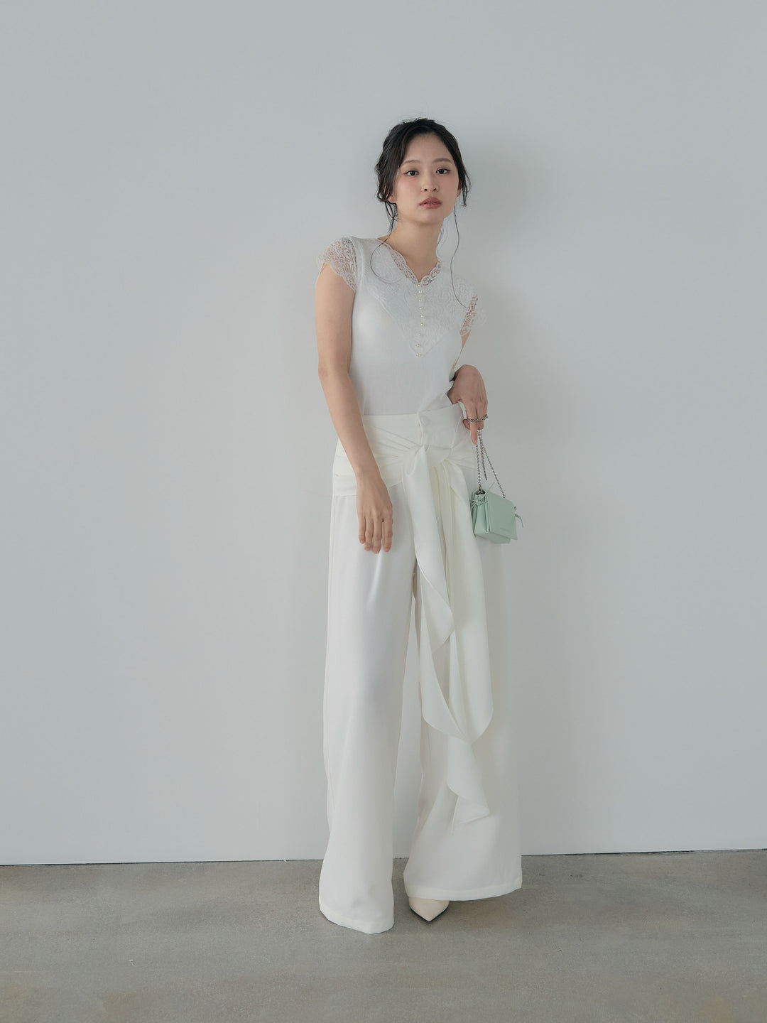 【SET】パールボタンレース切替ニットTシャツ+フロントラッフルリボンワイドパンツ(2set)