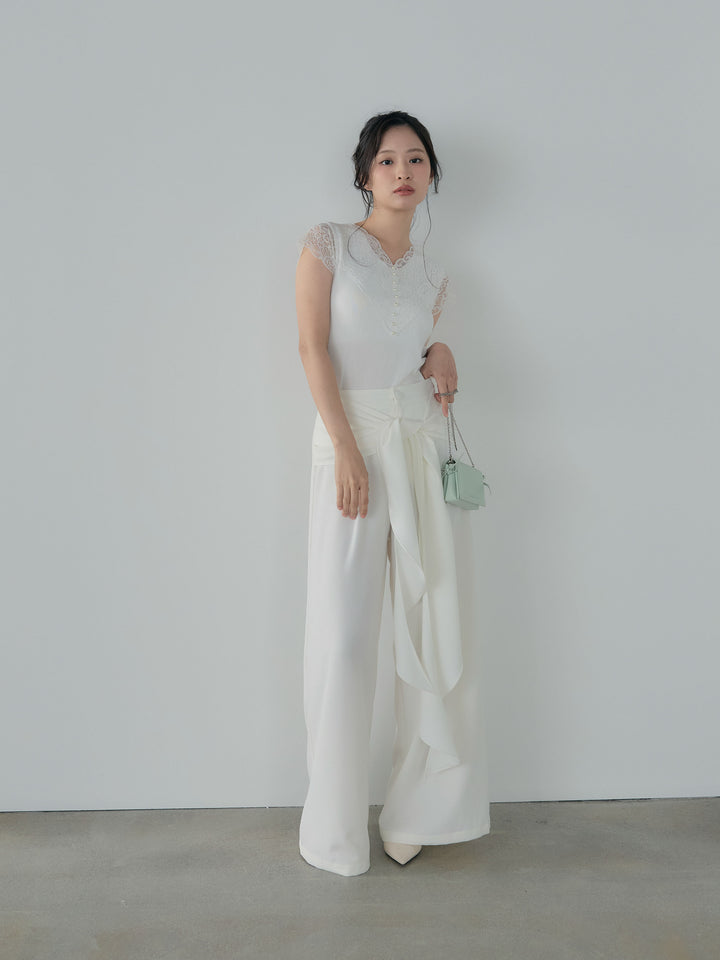 【SET】パールボタンレース切替ニットTシャツ+フロントラッフルリボンワイドパンツ(2set)