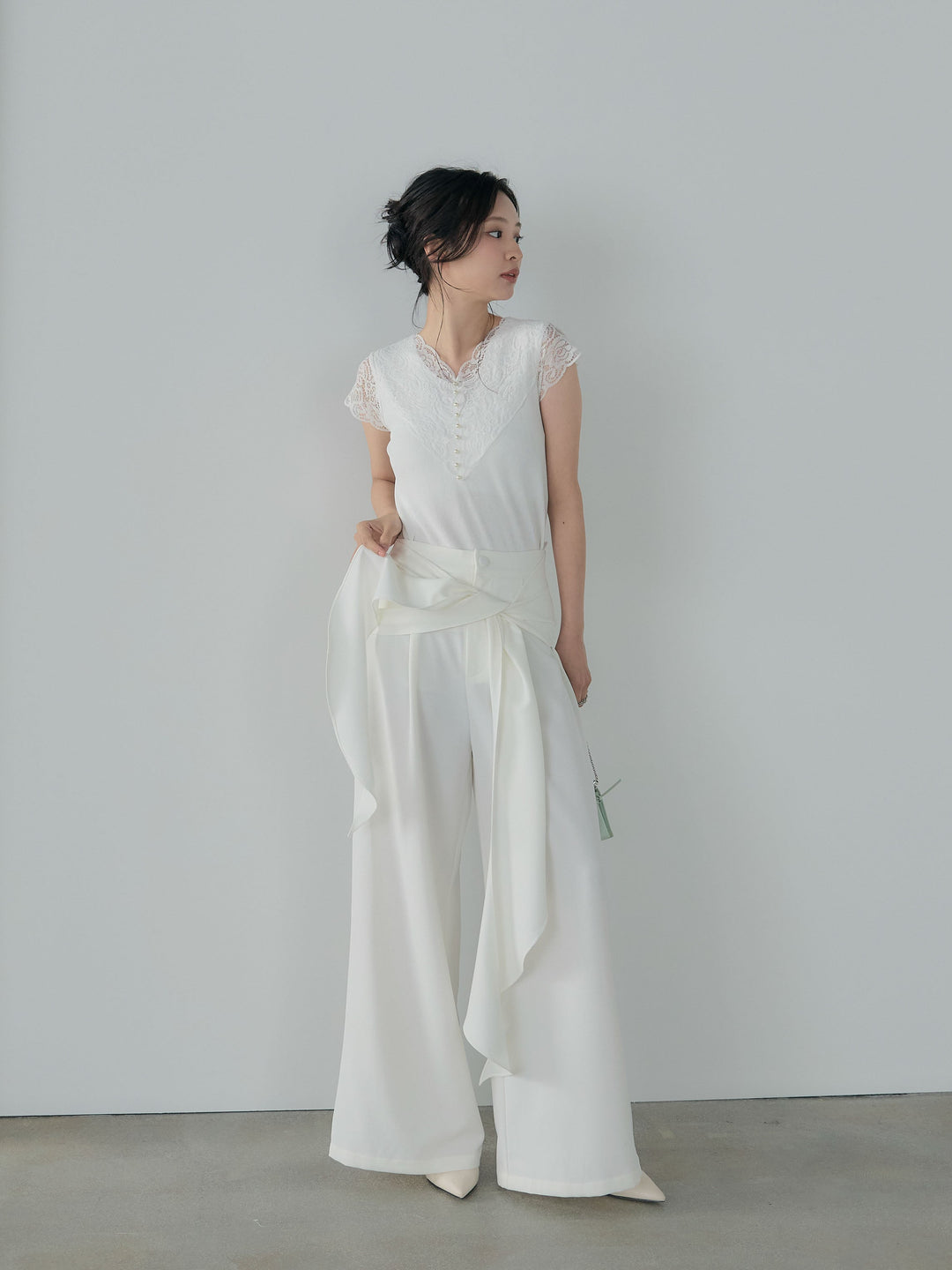 【SET】パールボタンレース切替ニットTシャツ+フロントラッフルリボンワイドパンツ(2set)