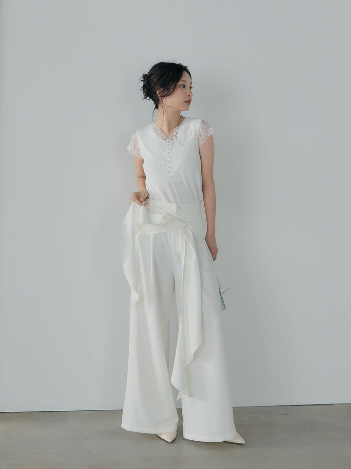 【SET】パールボタンレース切替ニットTシャツ+フロントラッフルリボンワイドパンツ(2set)