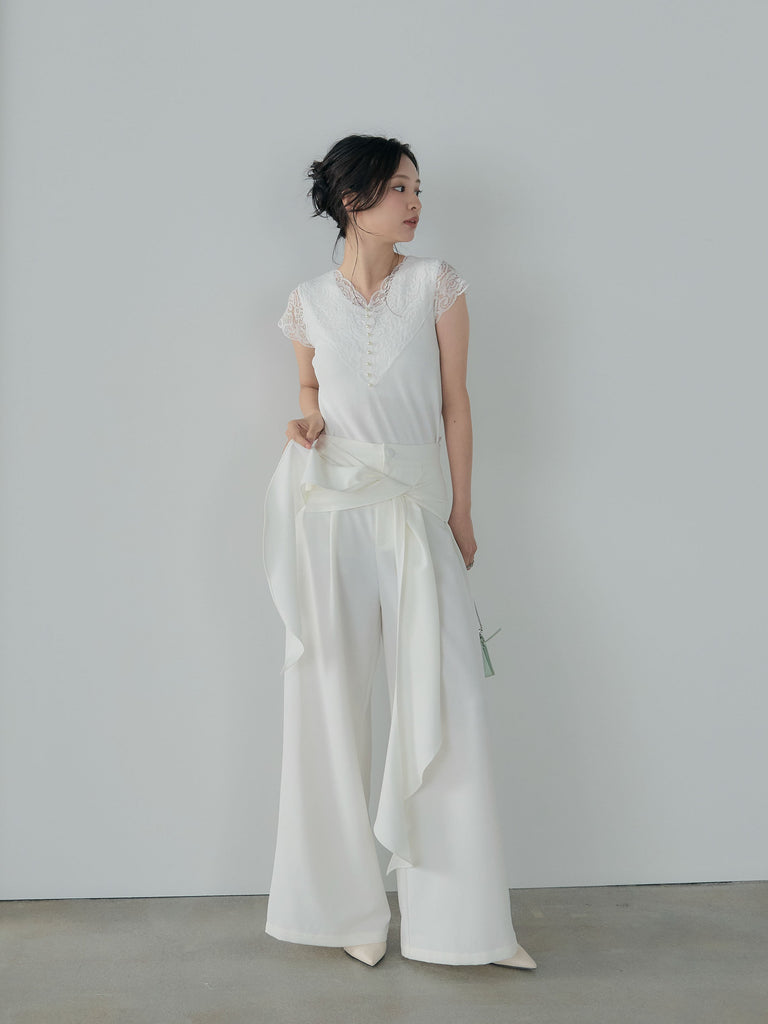 SET】パールボタンレース切替ニットTシャツ+フロントラッフルリボン