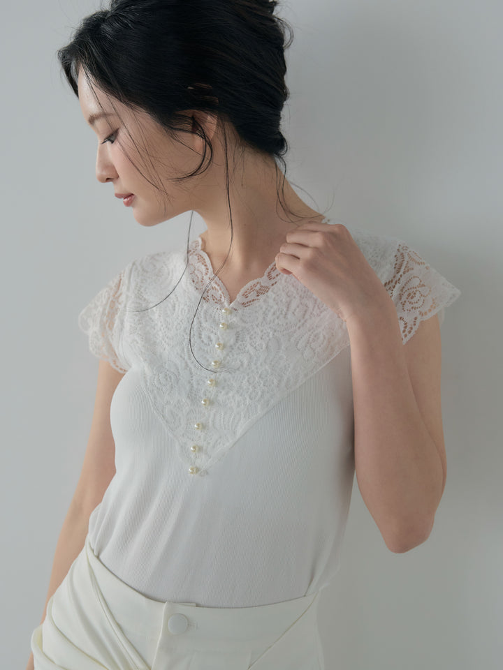 【SET】パールボタンレース切替ニットTシャツ+フロントラッフルリボンワイドパンツ(2set)