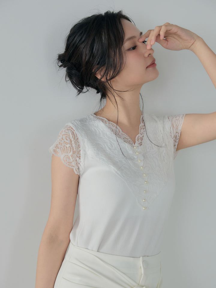 【SET】パールボタンレース切替ニットTシャツ+フロントラッフルリボンワイドパンツ(2set)