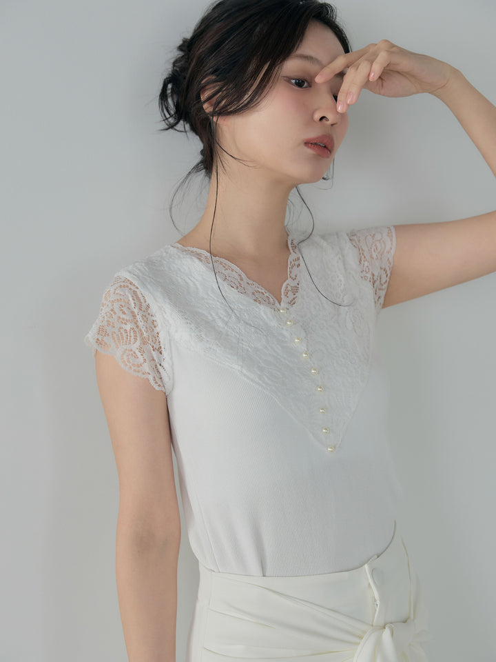 【SET】パールボタンレース切替ニットTシャツ+フロントラッフルリボンワイドパンツ(2set)