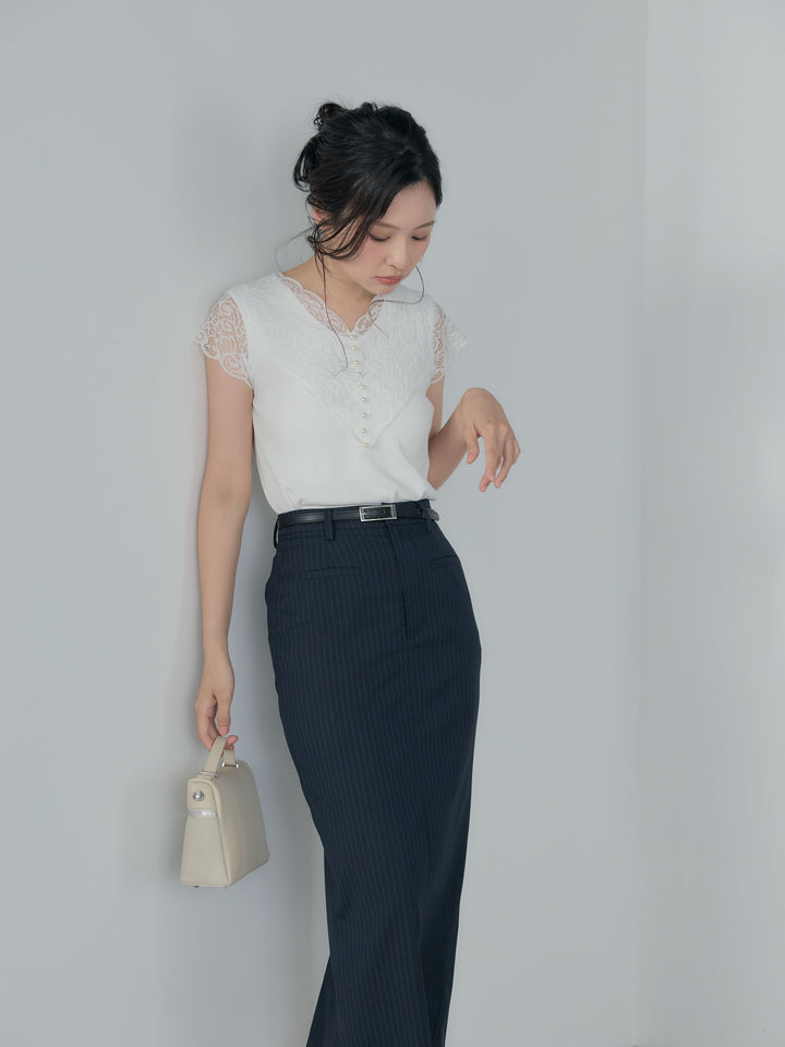 【SET】パールボタンレース切替ニットTシャツ+【Essential】Authentic pencil skrt(2set)