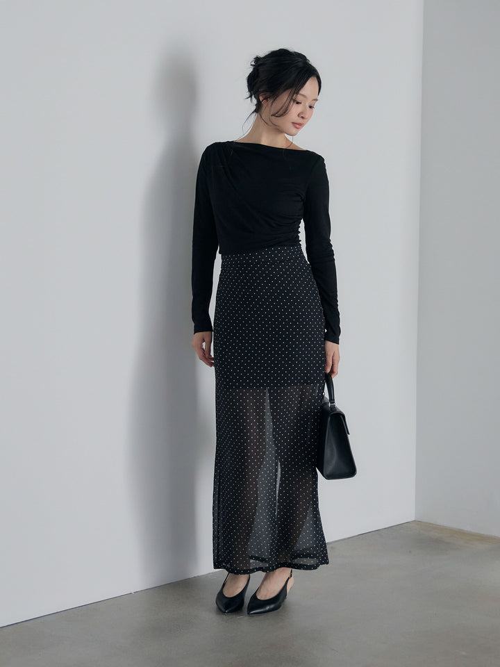 【SET】メッシュドレープトップス+シアードットロングスカート(2set)