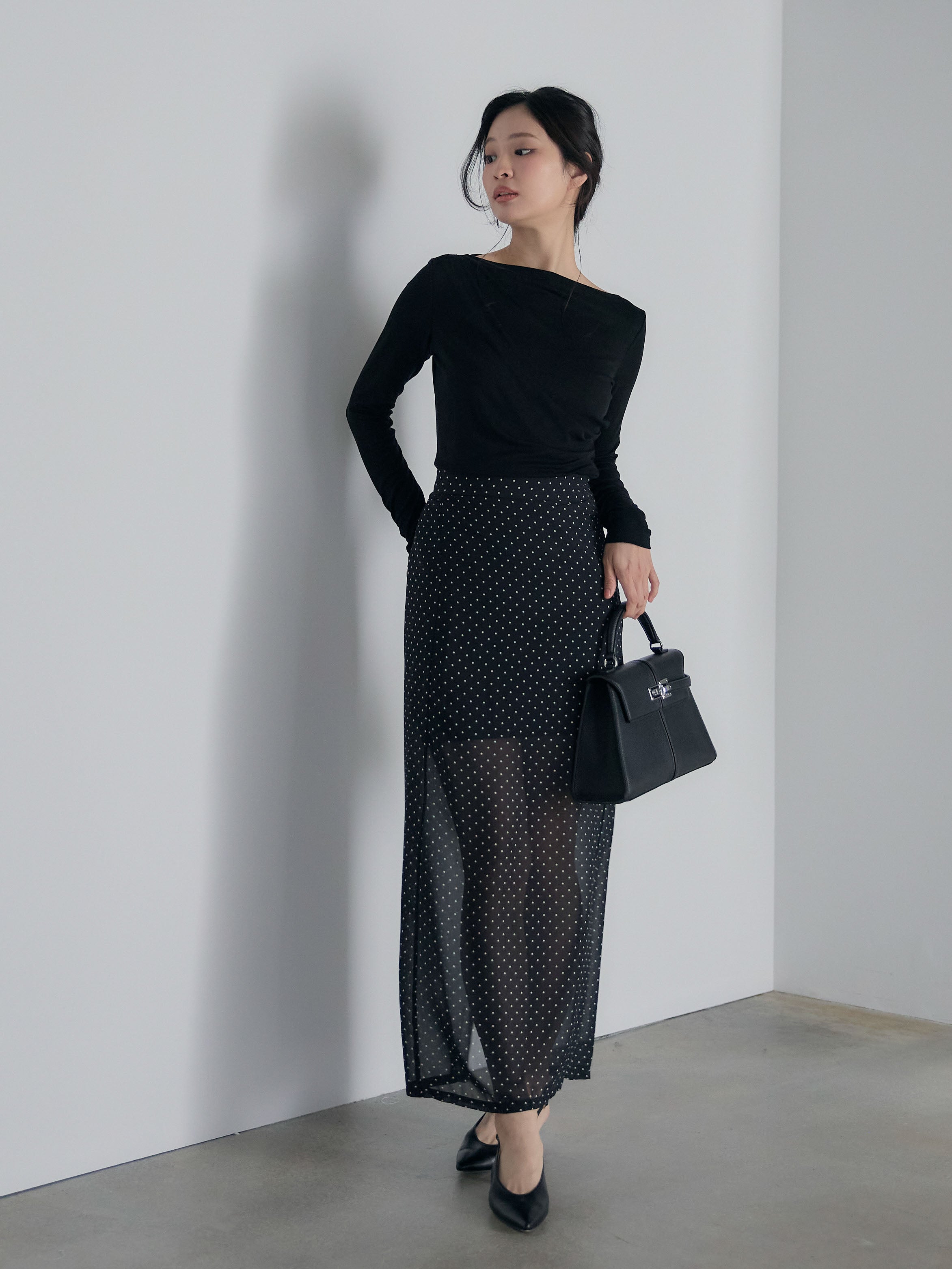 SET】メッシュドレープトップス+シアードットロングスカート(2set) – nairo