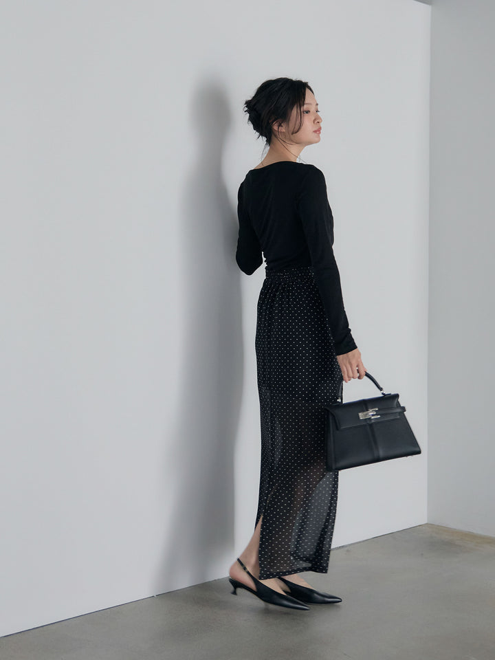 【SET】メッシュドレープトップス+シアードットロングスカート(2set)