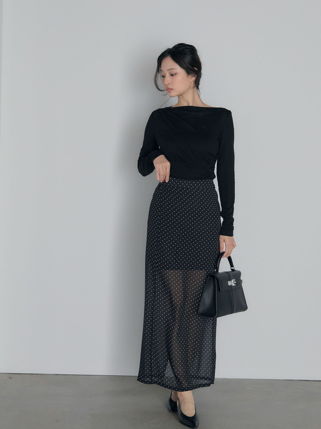 【SET】メッシュドレープトップス+シアードットロングスカート(2set)
