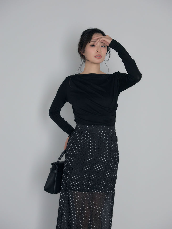 【SET】メッシュドレープトップス+シアードットロングスカート(2set)