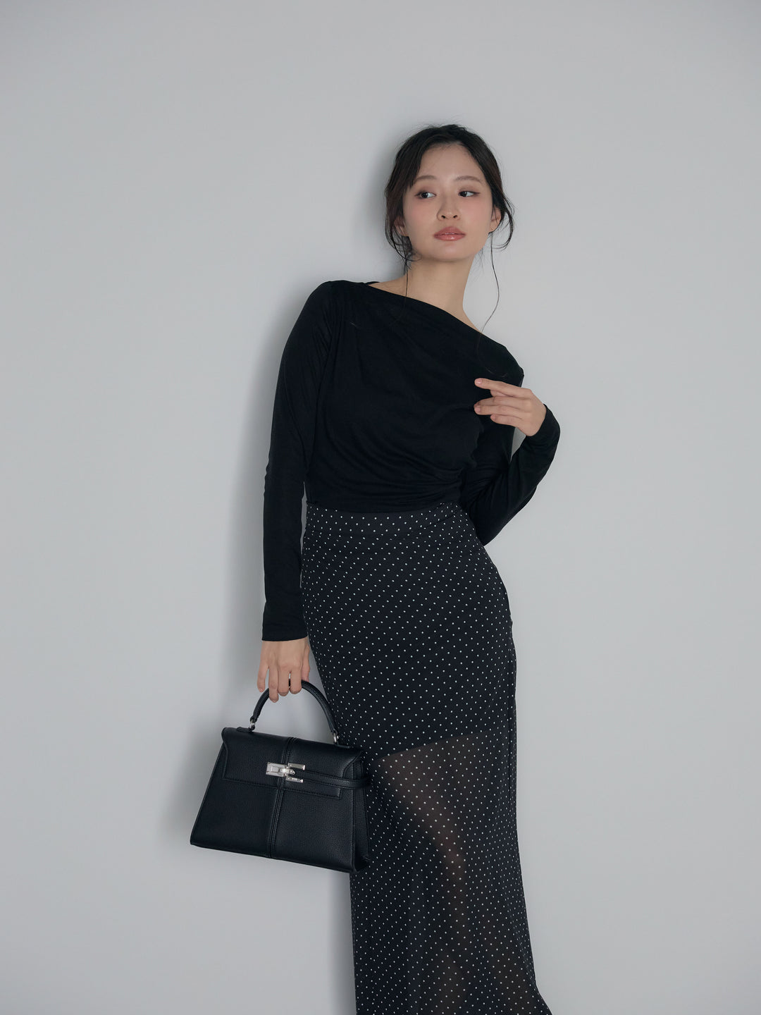 【SET】メッシュドレープトップス+シアードットロングスカート(2set)