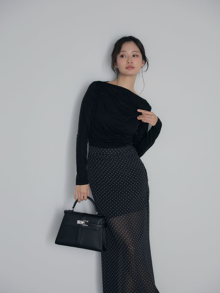 【SET】メッシュドレープトップス+シアードットロングスカート(2set)