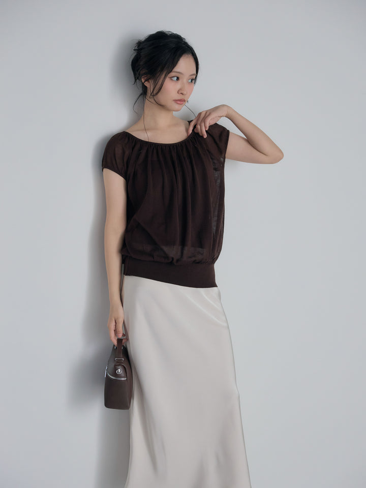 ラウンドネックシーアニットトップス