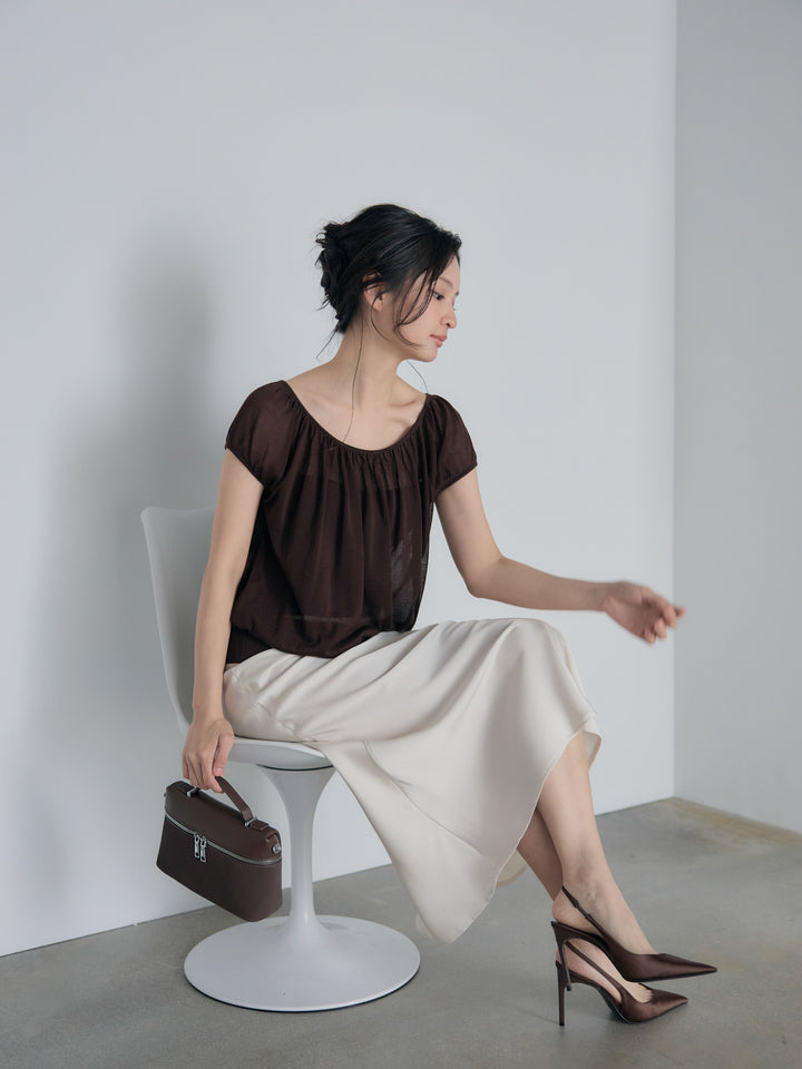 ラウンドネックシーアニットトップス