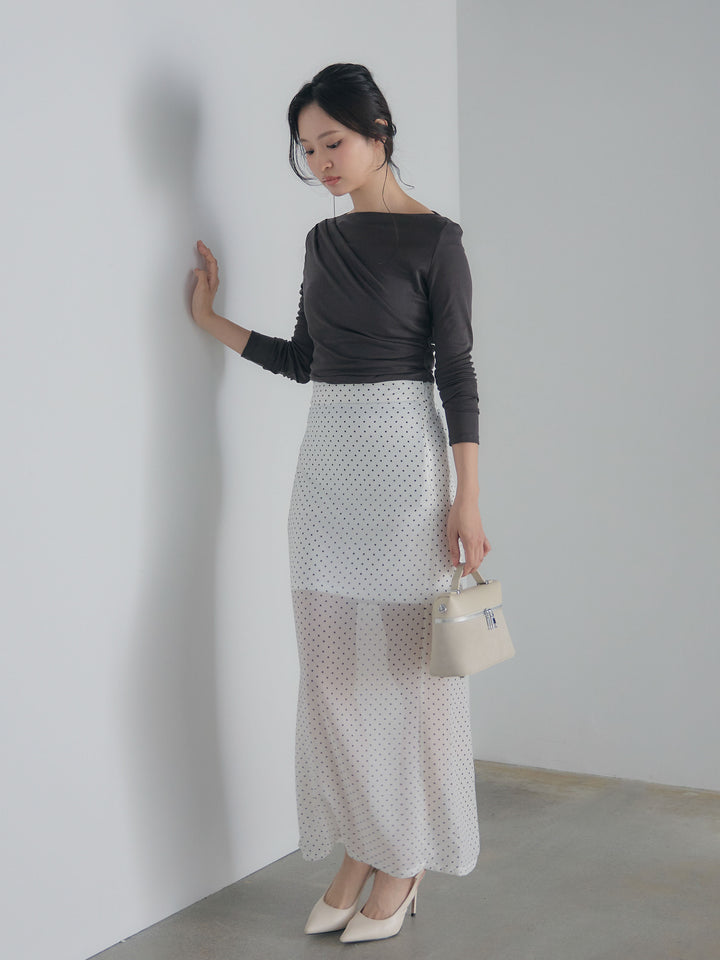 【SET】メッシュドレープトップス+シアードットロングスカート(2set)