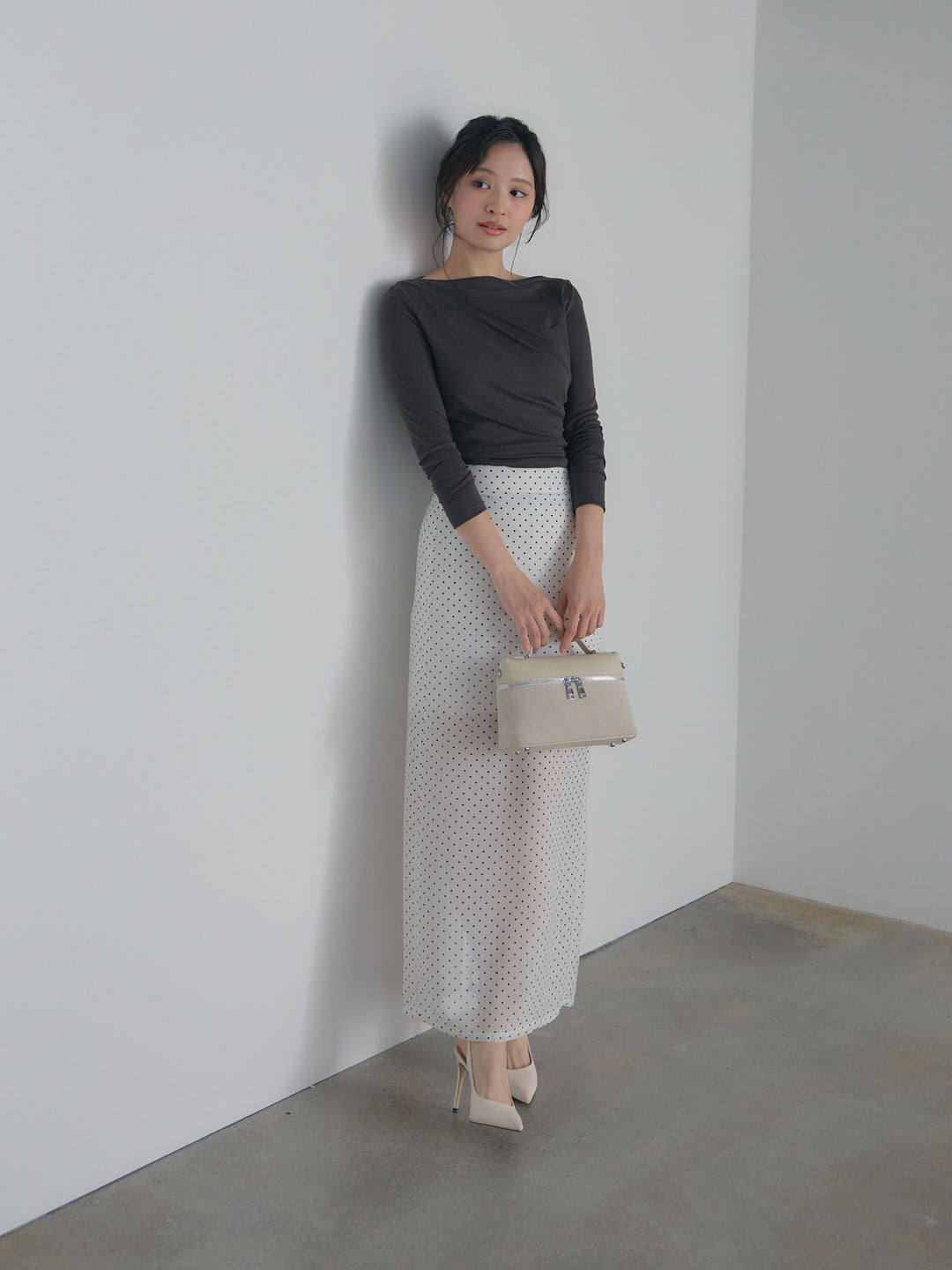 【SET】メッシュドレープトップス+シアードットロングスカート(2set)