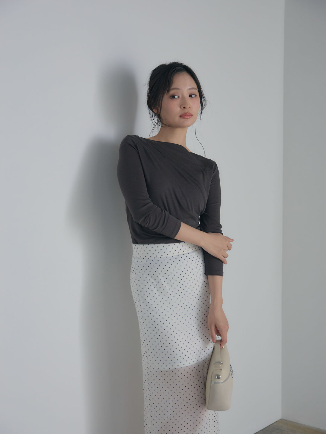 【SET】メッシュドレープトップス+シアードットロングスカート(2set)
