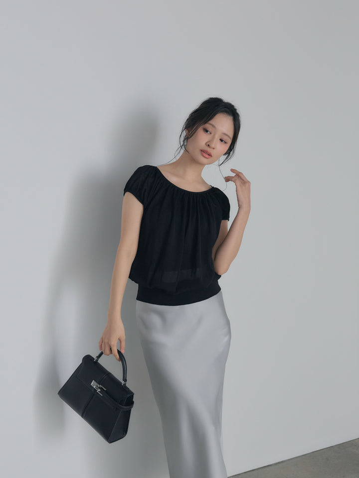 ラウンドネックシーアニットトップス