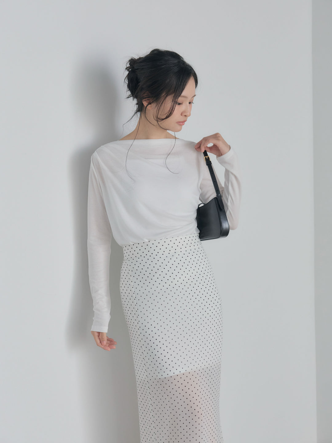 【SET】メッシュドレープトップス+シアードットロングスカート(2set)
