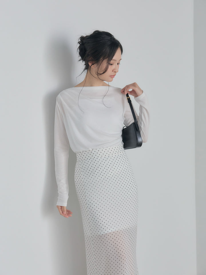 【SET】メッシュドレープトップス+シアードットロングスカート(2set)