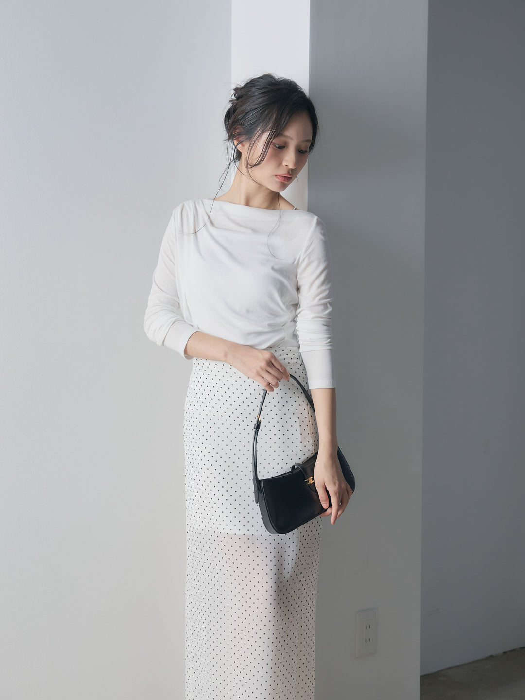 【SET】メッシュドレープトップス+シアードットロングスカート(2set)