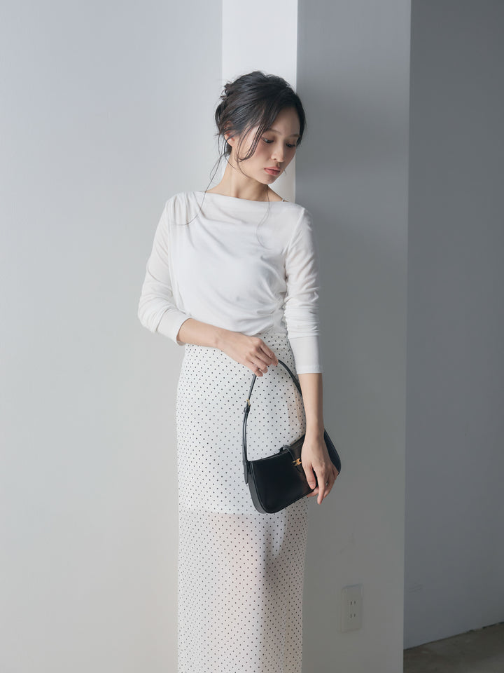 【SET】メッシュドレープトップス+シアードットロングスカート(2set)