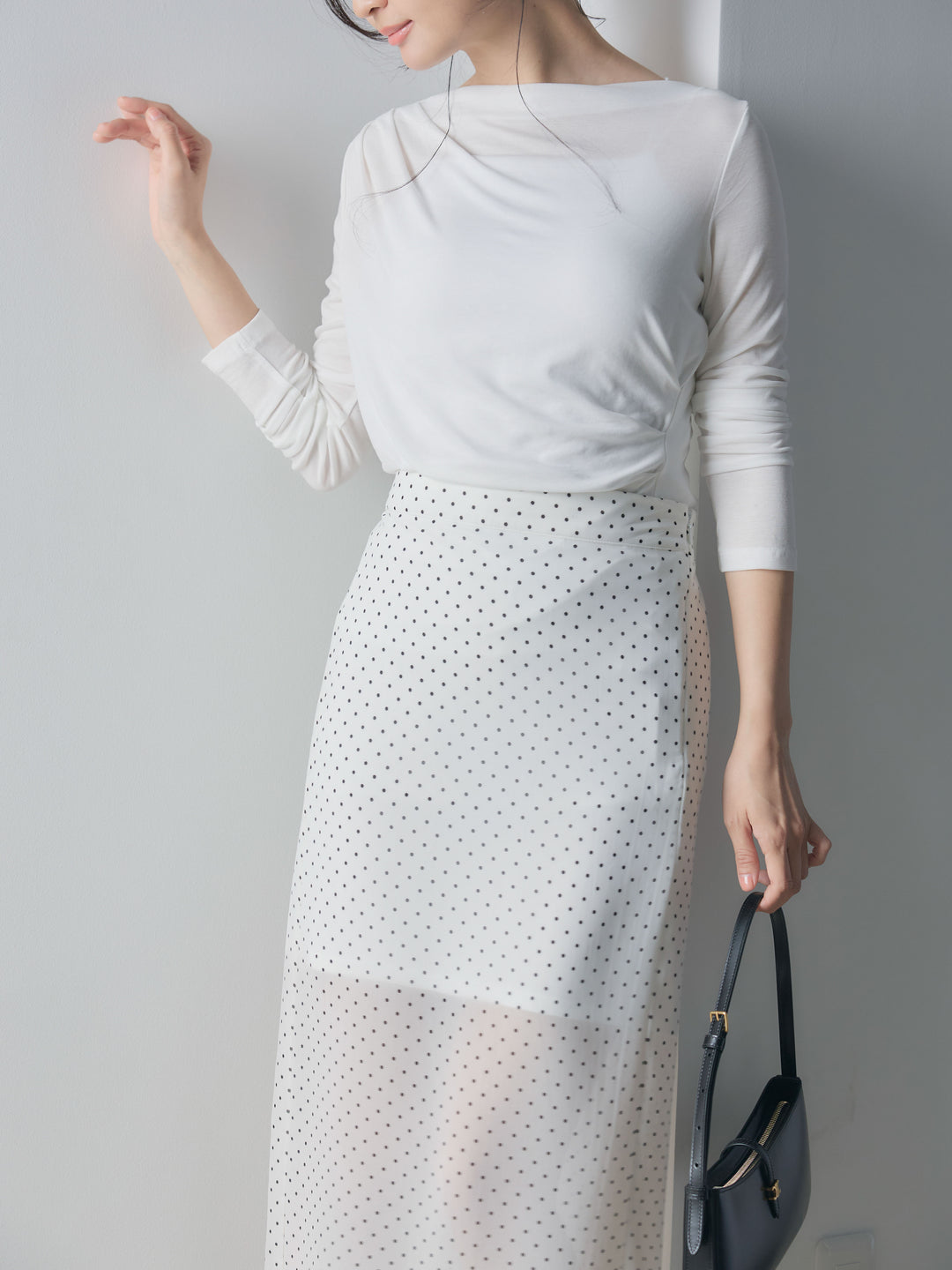 【SET】メッシュドレープトップス+シアードットロングスカート(2set)