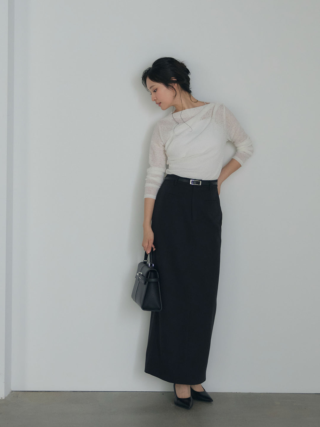 【SET】カットレースドレープトップス+【Essential】Authentic pencil skrt(2set)