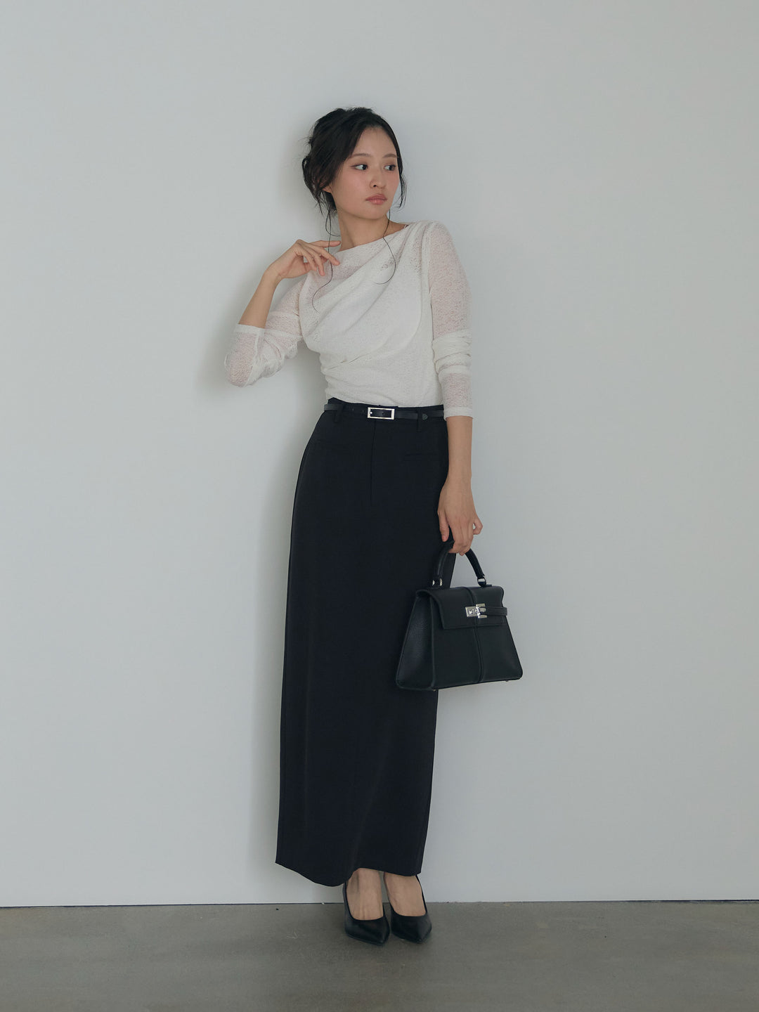 【SET】カットレースドレープトップス+【Essential】Authentic pencil skrt(2set)