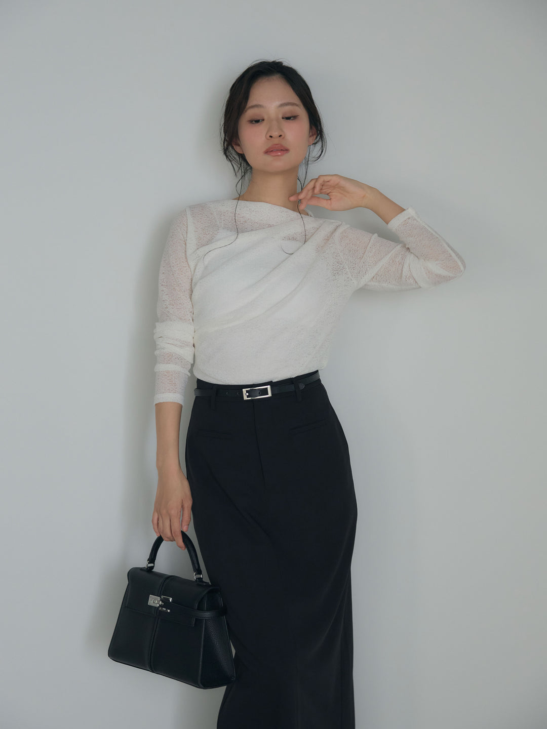 【SET】カットレースドレープトップス+【Essential】Authentic pencil skrt(2set)