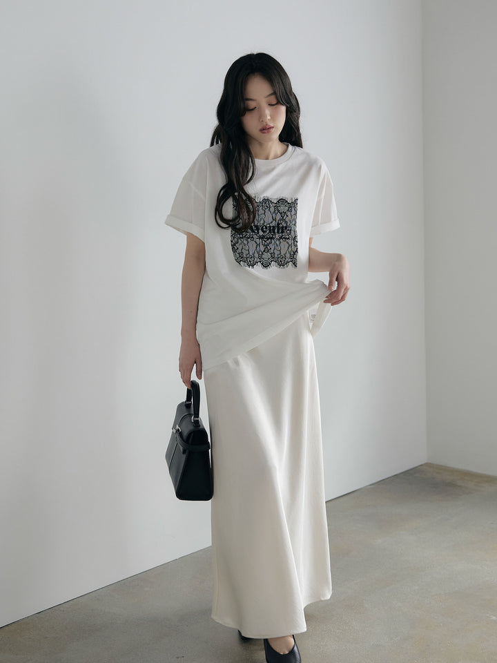 【SET】【cool touch】レースロゴ刺繍Tシャツ+リュクスAラインサテンスカート(2set)