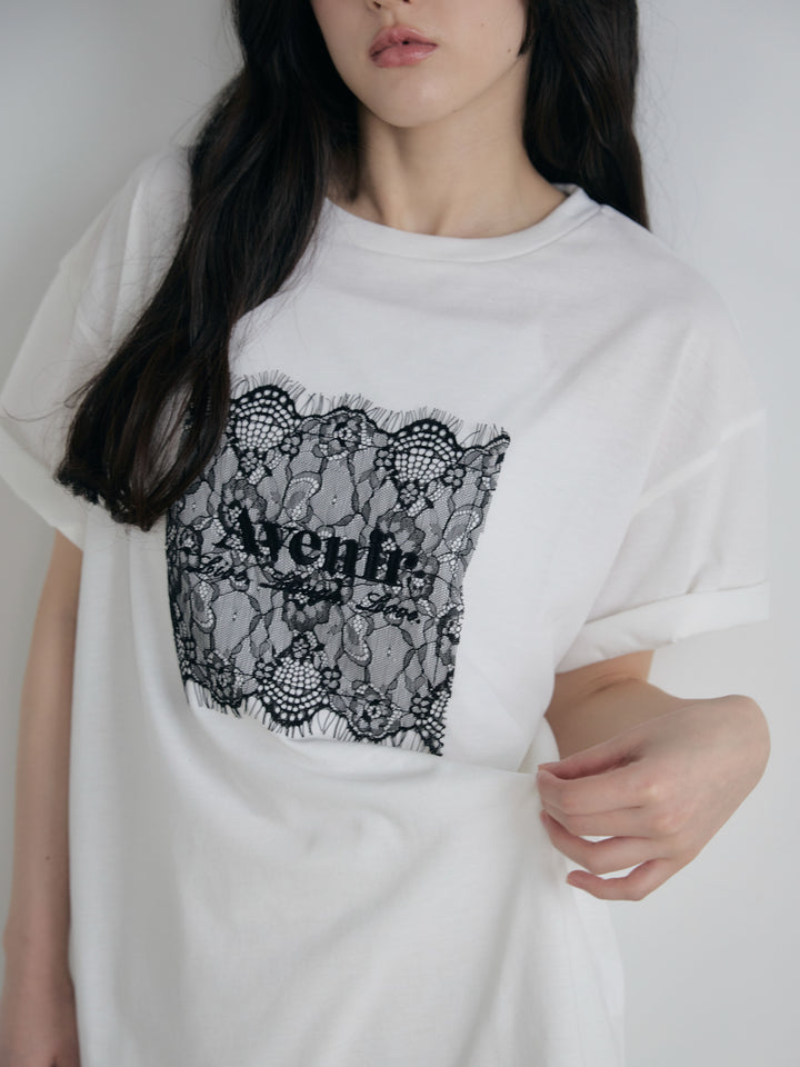 【SET】【cool touch】レースロゴ刺繍Tシャツ+リュクスAラインサテンスカート(2set)