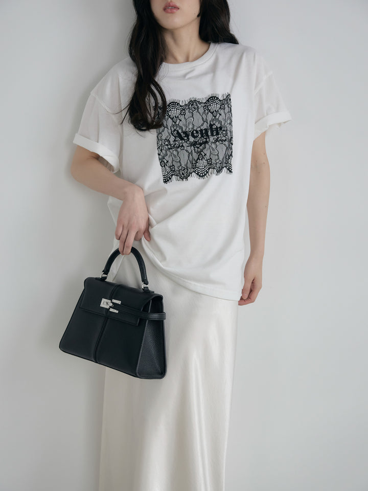 【SET】【cool touch】レースロゴ刺繍Tシャツ+リュクスAラインサテンスカート(2set)