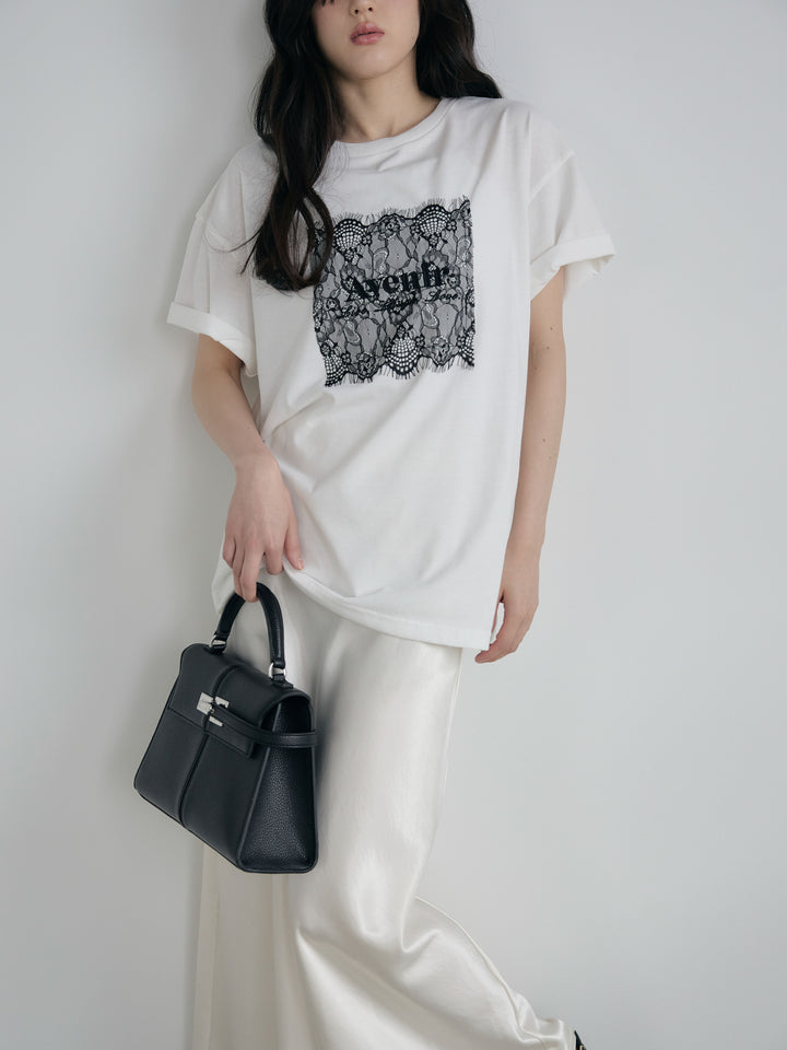 【SET】【cool touch】レースロゴ刺繍Tシャツ+リュクスAラインサテンスカート(2set)