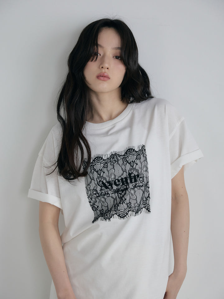 【SET】【cool touch】レースロゴ刺繍Tシャツ+リュクスAラインサテンスカート(2set)