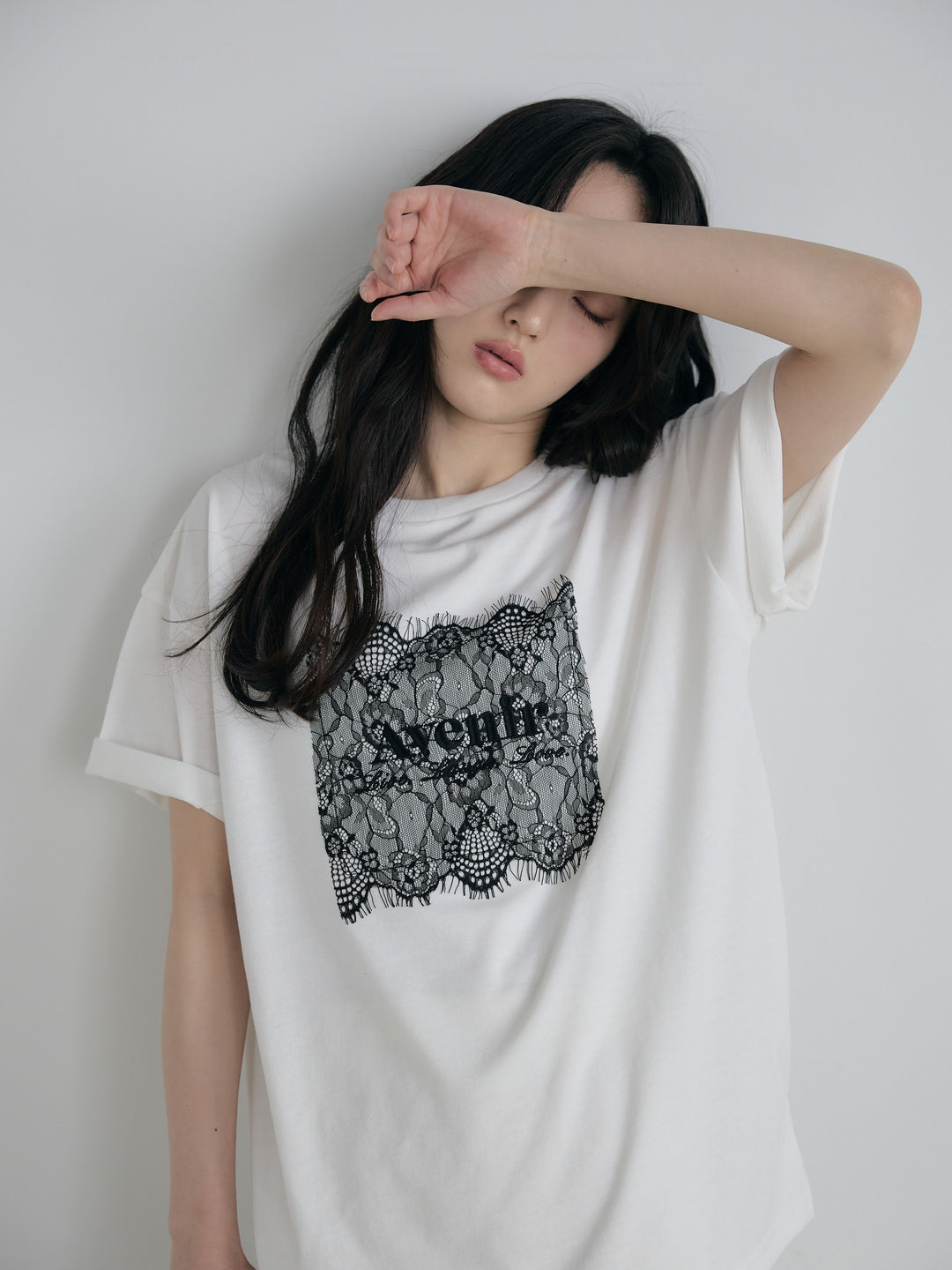 【SET】【cool touch】レースロゴ刺繍Tシャツ+リュクスAラインサテンスカート(2set)