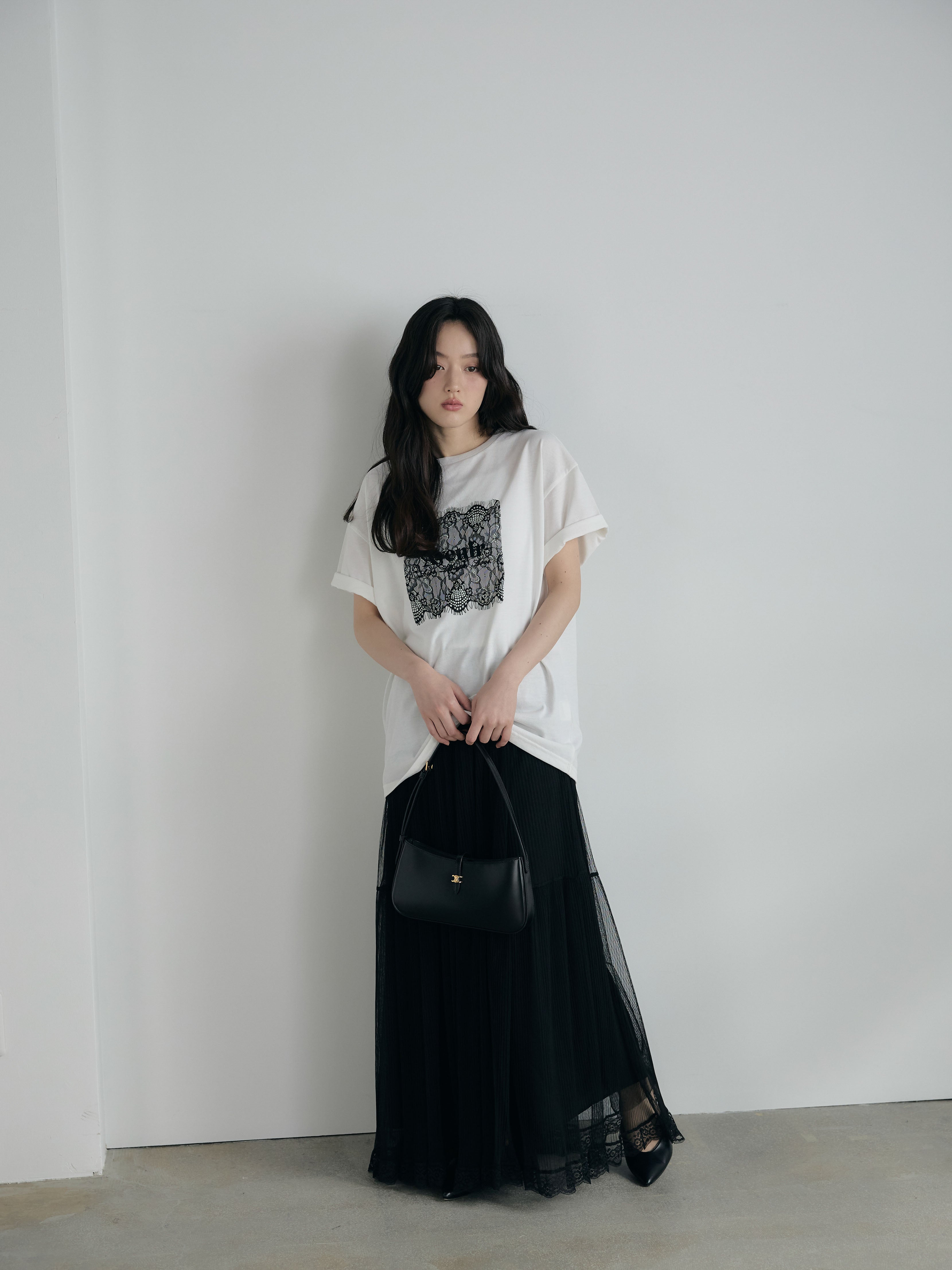 SET】【cool touch】レースロゴ刺繍Tシャツ+裾レースデザインチュール