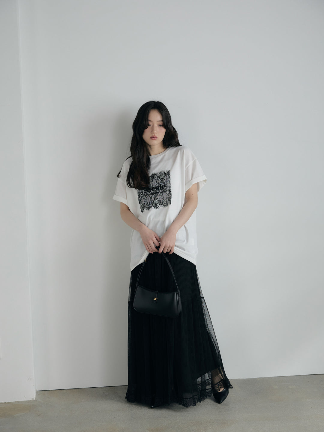 【SET】【cool touch】レースロゴ刺繍Tシャツ+裾レースデザインチュールスカート(2set)