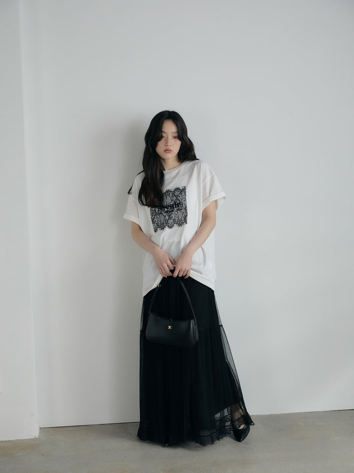 【SET】【cool touch】レースロゴ刺繍Tシャツ+裾レースデザインチュールスカート(2set)