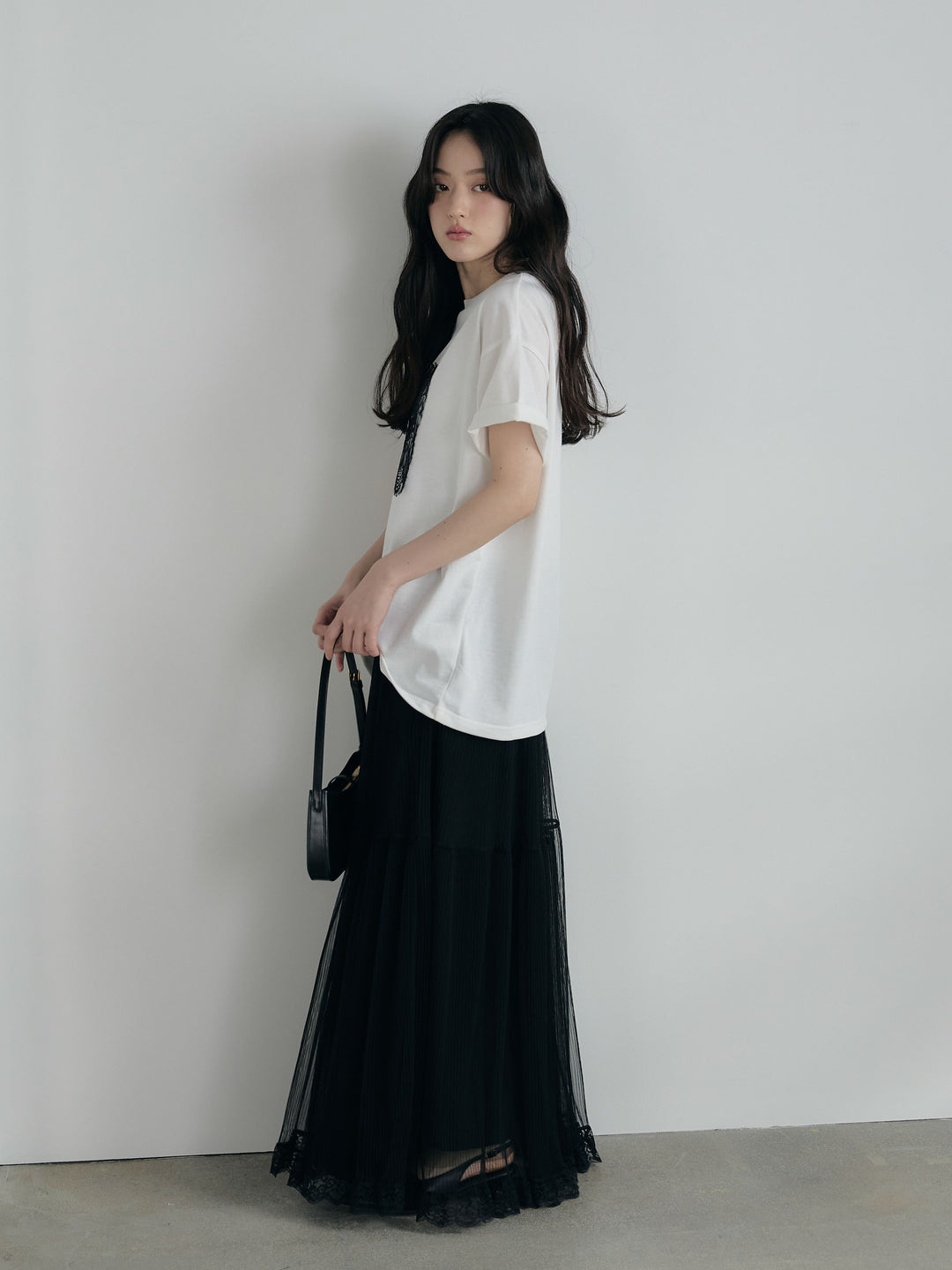 【SET】【cool touch】レースロゴ刺繍Tシャツ+裾レースデザインチュールスカート(2set)