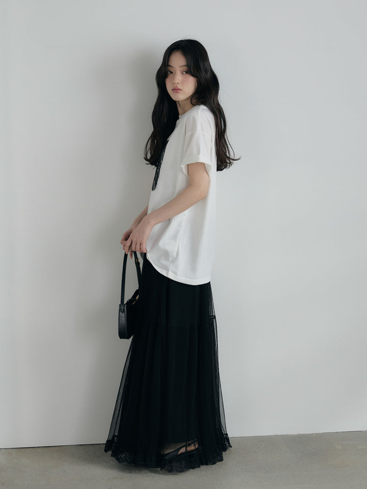 【SET】【cool touch】レースロゴ刺繍Tシャツ+裾レースデザインチュールスカート(2set)