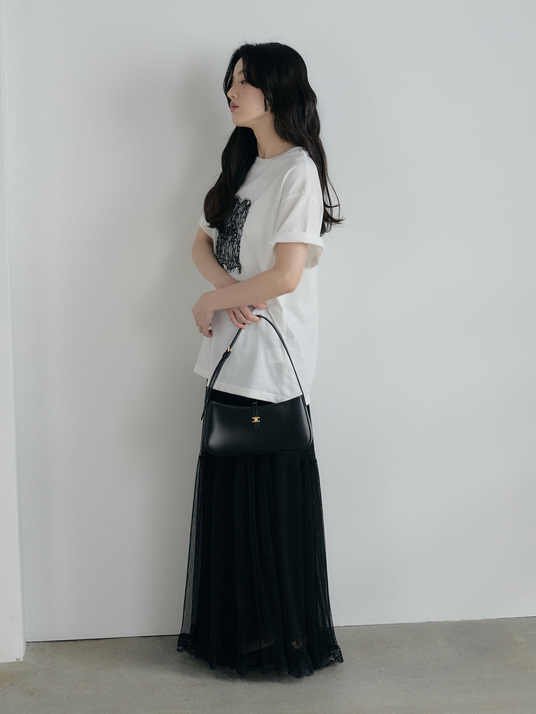 【SET】【cool touch】レースロゴ刺繍Tシャツ+裾レースデザインチュールスカート(2set)