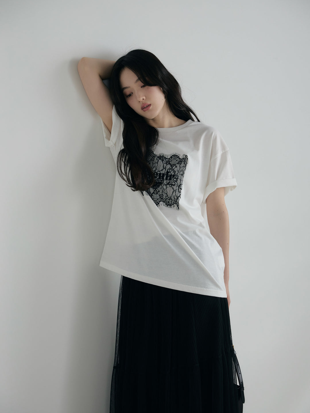 【SET】【cool touch】レースロゴ刺繍Tシャツ+裾レースデザインチュールスカート(2set)